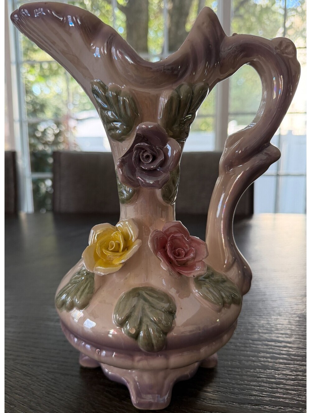 Vintage Capodimonte Style Lusterware Porcelain Floral Pitcher Ewer Vase Applied